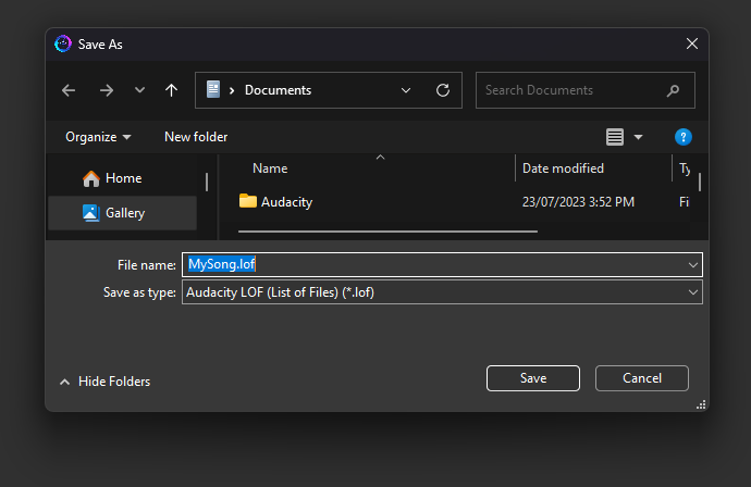 Audacity LOF export dialog